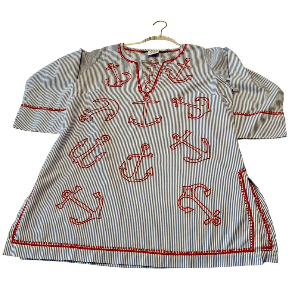 Gretchen Scott Nautical Tunic Top S Blue White Stripe Orange Embroidered Cotton